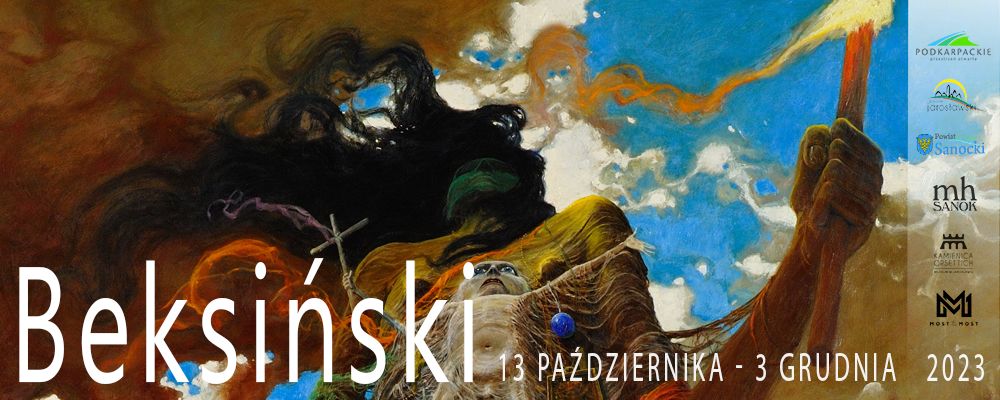 Kolorowy baner wystawy sztuki artysty Zdzisława Beksińskiego. Na grafice kolorowy obraz fantastyczny.